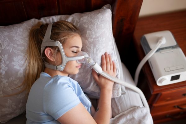 A woman sleeping while wearing a CPAP machine